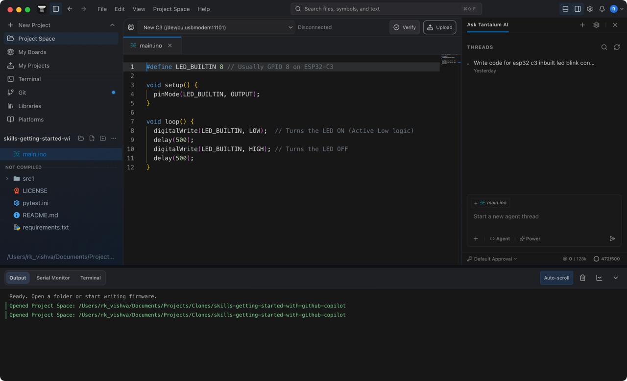 Tantalum IDE AI assistant panel with agent options screenshot