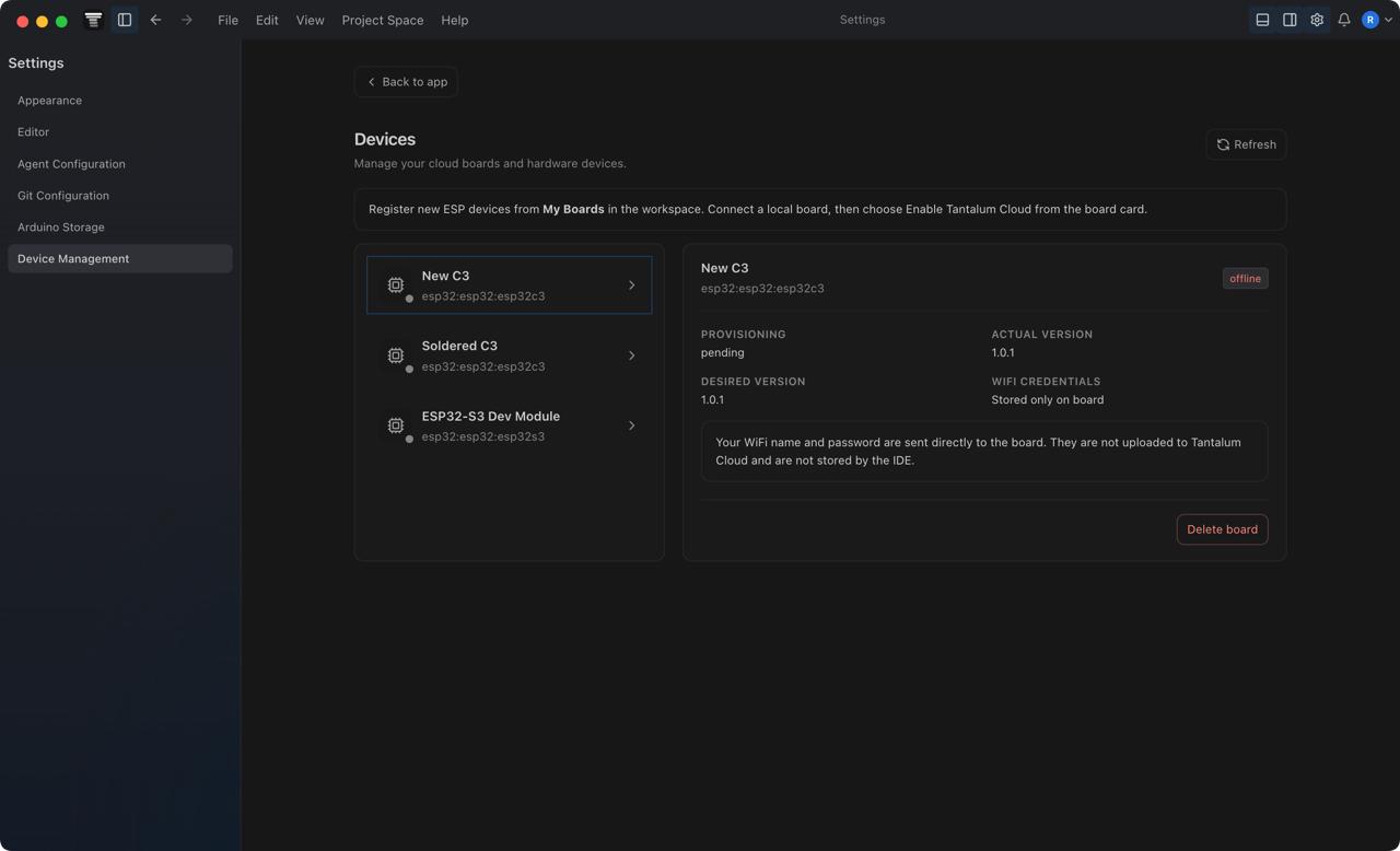 Tantalum IDE firmware OTA screen with revision logs screenshot
